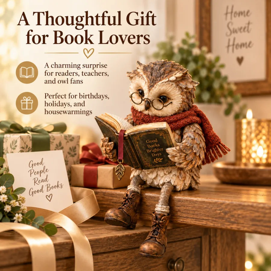 🦉 Reading Owl Figurine – Adorable Book Lover Decor with Glasses & Dangling Boots