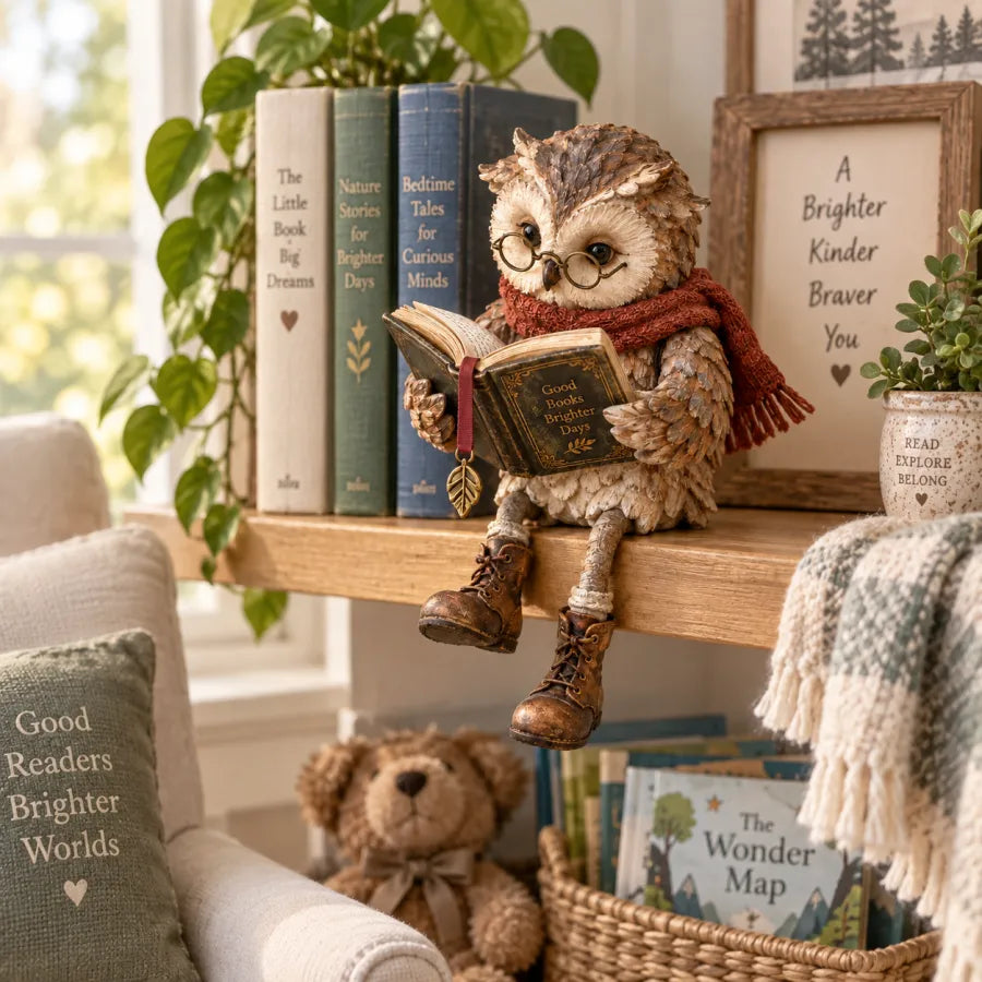 🦉 Reading Owl Figurine – Adorable Book Lover Decor with Glasses & Dangling Boots
