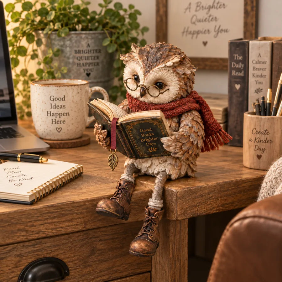 🦉 Reading Owl Figurine – Adorable Book Lover Decor with Glasses & Dangling Boots