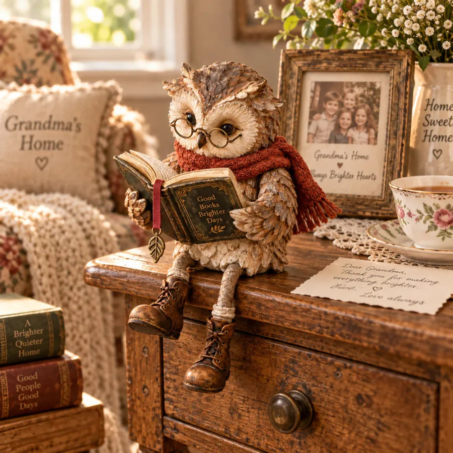 🦉 Reading Owl Figurine – Adorable Book Lover Decor with Glasses & Dangling Boots