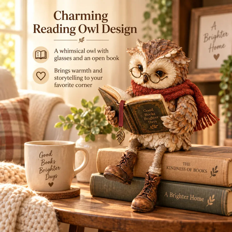 🦉 Reading Owl Figurine – Adorable Book Lover Decor with Glasses & Dangling Boots
