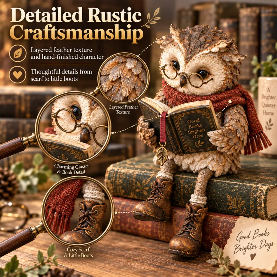 🦉 Reading Owl Figurine – Adorable Book Lover Decor with Glasses & Dangling Boots