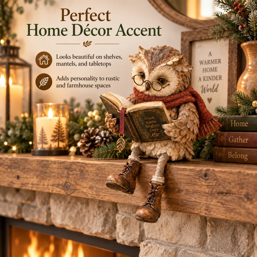 🦉 Reading Owl Figurine – Adorable Book Lover Decor with Glasses & Dangling Boots