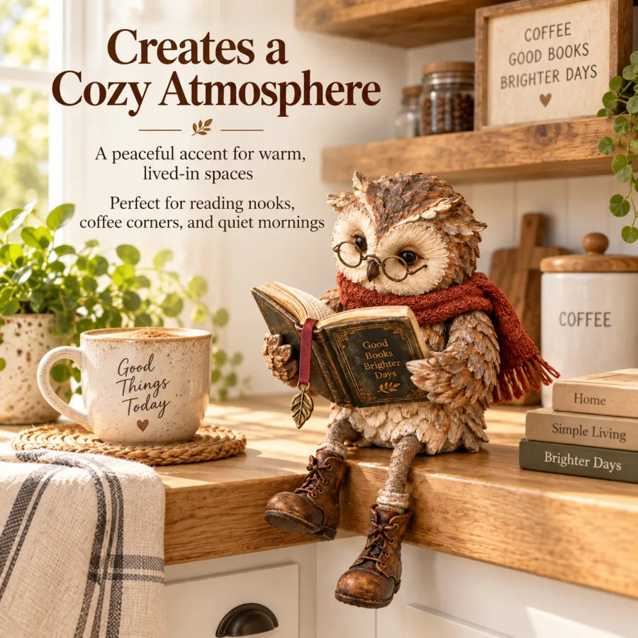 🦉 Reading Owl Figurine – Adorable Book Lover Decor with Glasses & Dangling Boots