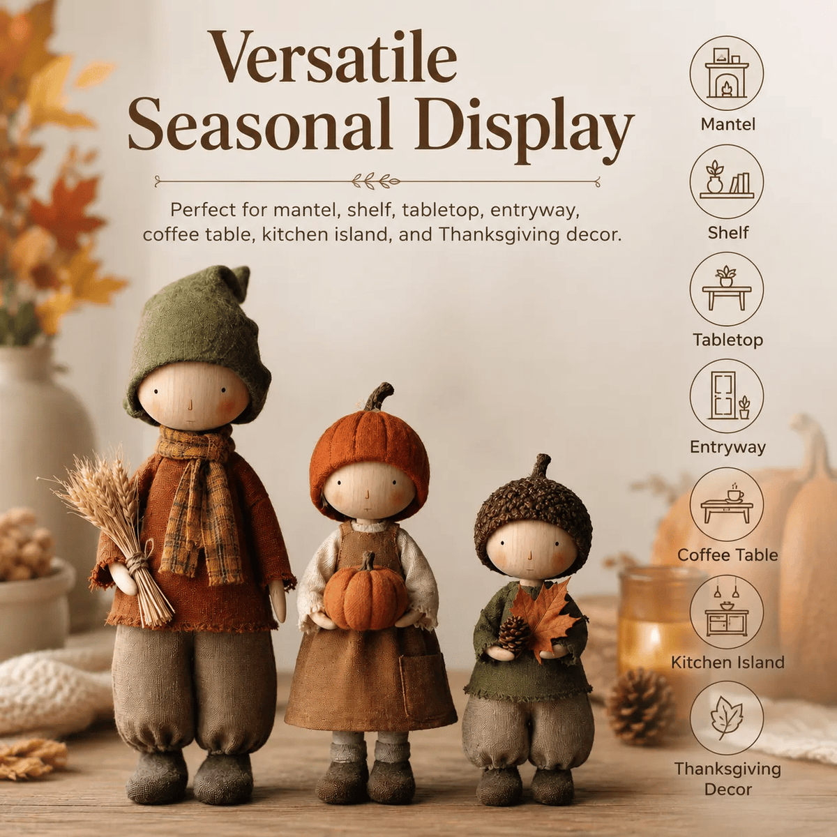 🍁Set of 3 Rustic Autumn Harvest Dolls