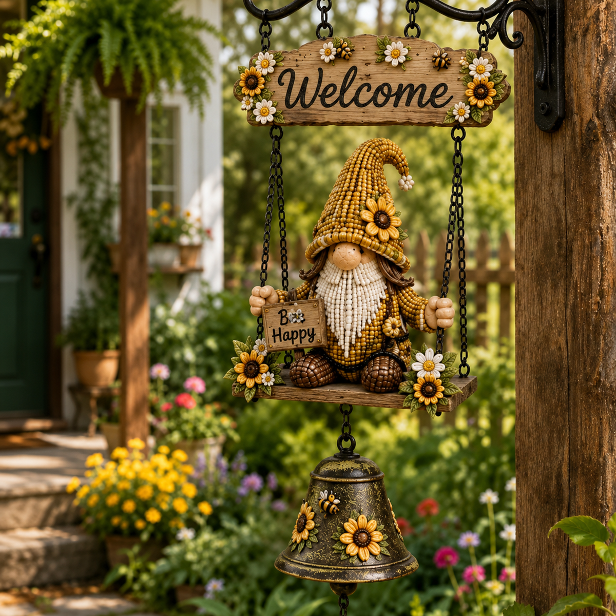 Ladybug Gnome Welcome Hanging Bell Decor – Rustic Porch & Garden Wall Ornament