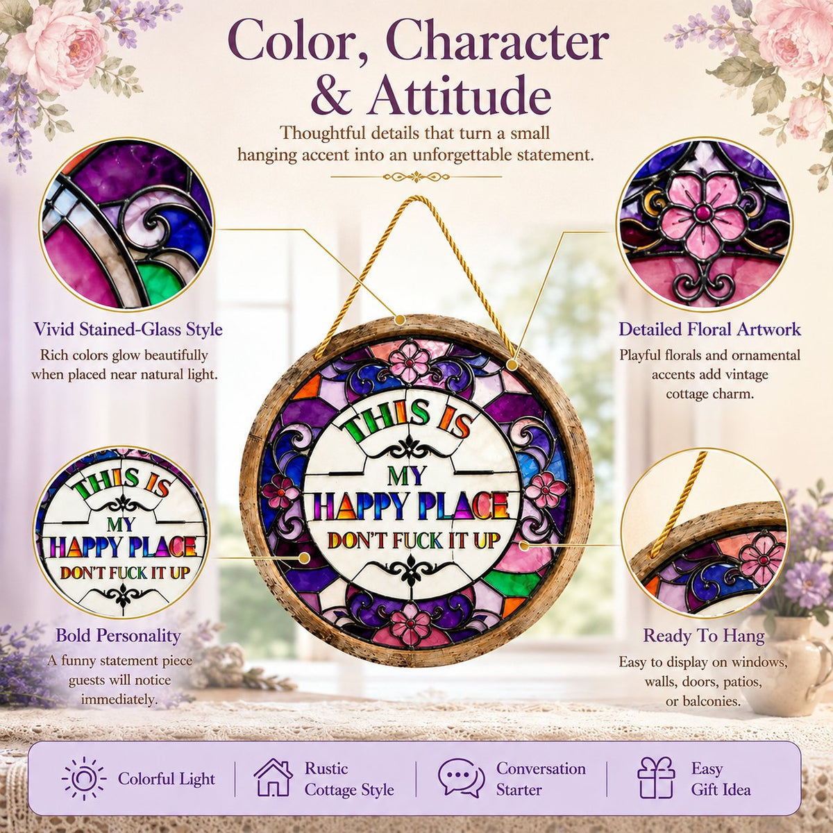 🔥 LAST DAY 49% OFF – 🌈 Stained Glass-Style Happy Place Hanging Suncatcher | Sunlight-Catching Quote Decor for Windows, Porches, Patios & Gifts ✨